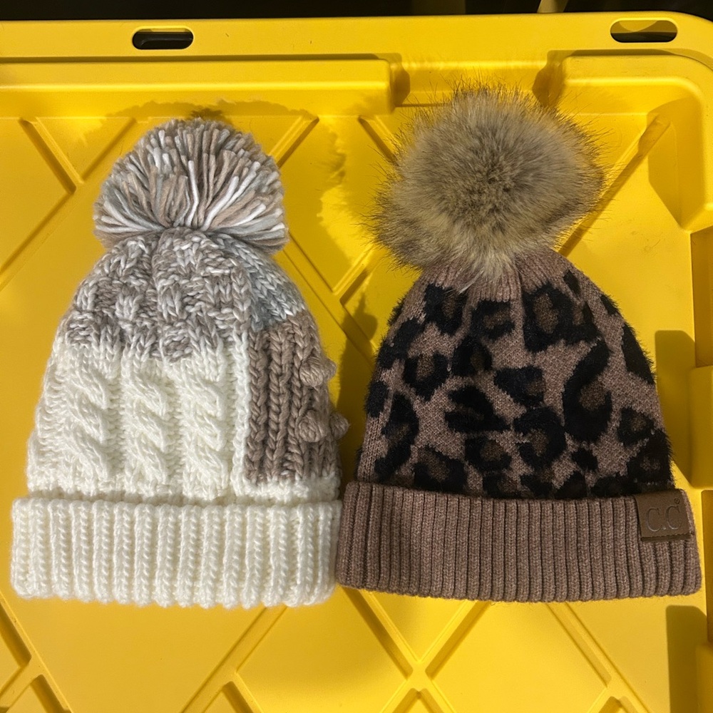 CHANEL Kids Pom Pom Beanie Duo - Cream & Brown Leopard